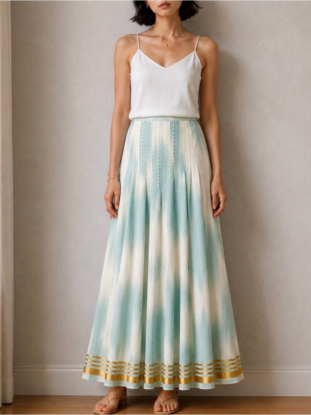 Anthropologie Floreat Aqua Cream Ikat Maxi Skirt Gold Trim Boho Size 8